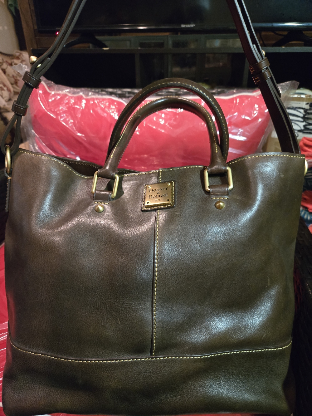 Dooney & Bourke Olive Leather CHELSEA Tote with Gold Hardware. Vachetta Patina!